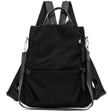 Corduroy ryggsäck Casual Convertible Multi ficka dagsäck Carryall axelvaska,Black
