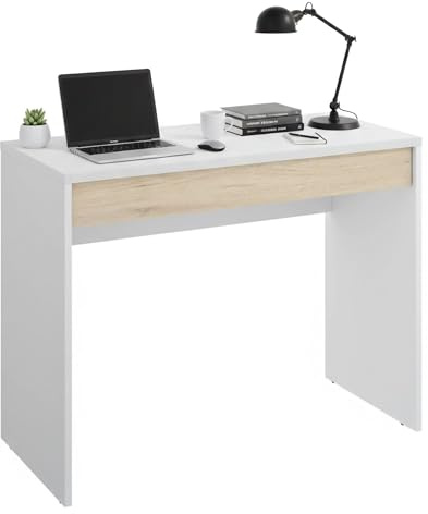 Dmora - Scrivania Forato, Scrittoio ufficio salvaspazio multiuso, Tavolo da studio lineare con 1 cassetto, 90x50h74 cm, Bianco e Rovere