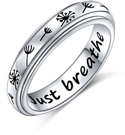 Flyow Just Breathe Spinner Ring for Women Girls 925 Sterling Silver Dandelion Fidget Rings for Anxiety Stress Relieving ADHD Autism Rings Inspirational Boho Band Ring (P 1/2)