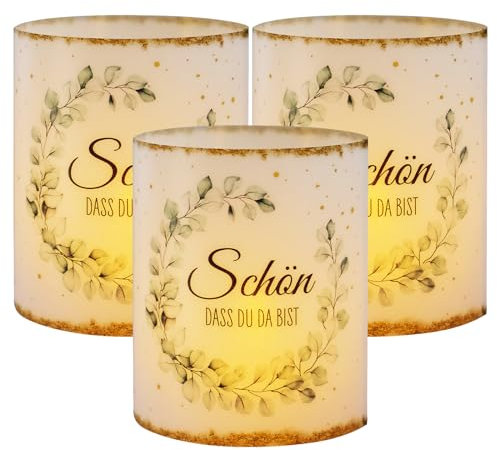 BETESSIN 12 Windlicht Tischdeko Schön DASS du da bist Teelichter Kerzen Deko Lichthülle Taufe Kommunion Deko Mädchen Junge Eukalyptus Grün mit Goldglitzer für Teelichter und Kerzen