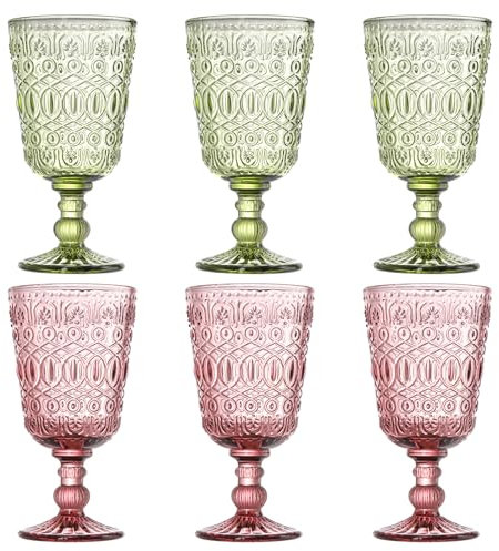 SOUJOY Set mit 6 farbigen Weingläsern, 284 ml, Vintage-Glaskelch, handgefertigter gepresster Wasser-Trinkbecher mit Stiel für Party, Hochzeit, Bar