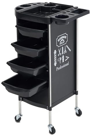 Barberpub Friseurwagen Bedienungswagen Arbeitswagen,mit 4 Schubladen und Rollen, drehbar, Beauty Salon Trolley, Rollwagen Stapelboy, Friseur Zubehör, Kunststoff und Eisenrohr, Schwarz