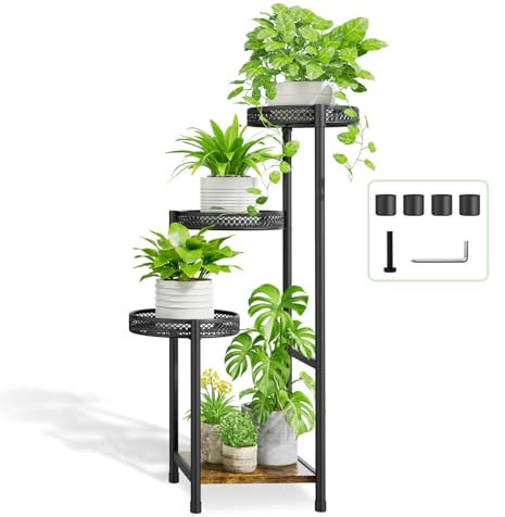 KAZITOO 4-Tier Metall Pflanzenständer Topfständer, Ecke Pflanzenhalter Blumenregal für mehrere Pflanzen, modernes Pflanzen Display Rack mit Holzplatte für Büro Garten Balkon Patio, Quadrat