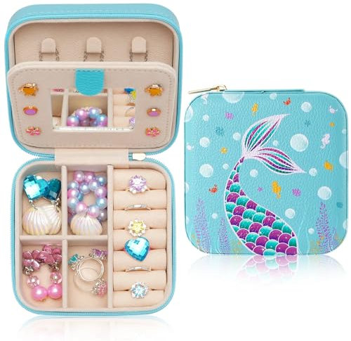 WERNNSAI Portagioie per Ragazze Portagioie a Forma di Sirena blu Portagioie da Viaggio per Bambini con Specchio Regali a Forma di Sirena Regali di Compleanno per Ragazze Organizzatore di Gioielli