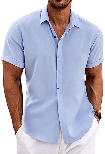 COOFANDY linneskjorta herr kortärmad skjorta button down regular fit fritidsskjorta sommar strand linne skjorta, Ljusblå, 4XL