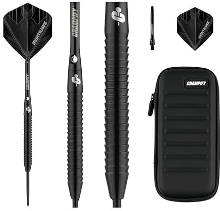 Champify® 90% Tungsten Darts Set “Nighthawk” mit 23g Barrel und schwarzer Darttasche | 3 Steeldarts mit 9 Alu-Schäften & 9 Flights| Dart Set mit Zubehör | Dartpfeile mit Metallspitze