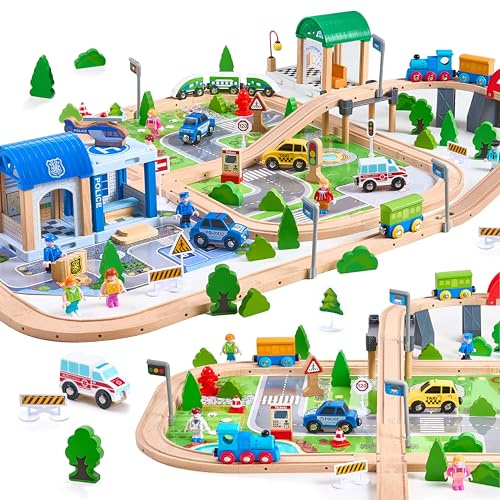 172Pcs Wooden Train Set for Toddlers, Wooden Train Track - Expandable and Changeable, Safe Educational Train Toys Gift for Boys & Girls Kids Ages 3-5 4-8, Compatible with All Major Brands