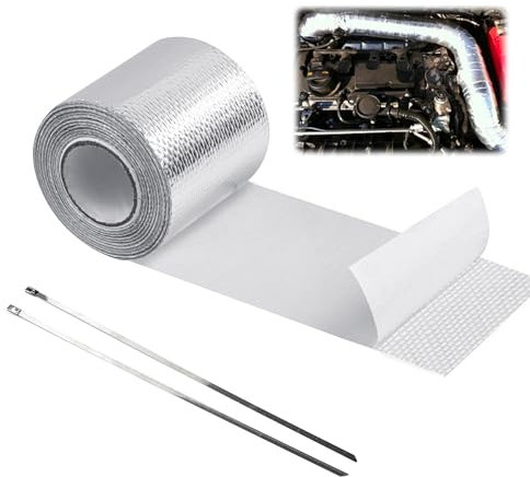 Hitzeschutzband Auspuff Auspuffbandage, Auspuffband mit 2pcs Kabelbinder Hitzeschutz Auspuff Bandage 500 cm x 5 cm Hitzeschutzschlauch für Auto Motorrad Fächerkrümmer Krümmerband, 1 Stück, Silber