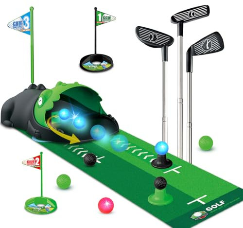 TERRAMUS Verbessertes Minigolf Set Spielzeug für Kinder, 14PCS Indoor Outdoor Golfkoffer Spiel Set mit 2 bunten Golfschläger, 6 Bälle, Putting Matte Spielzeug für Jungen