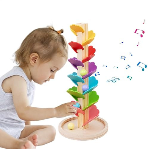 BnyHjir Wooden Marble Run, Musical Tree Ball Toy, Colorful Rolling Ball Tower, Montessori Toys, 33.8x15.8cm