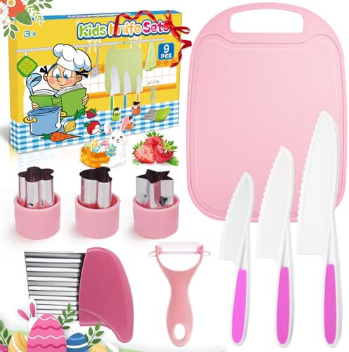 Coltelli per bambini, 9 pezzi, da 2 anni, set di coltelli da cucina da chef con tagliaverdure, ideale per Natale o compleanno (rosa)