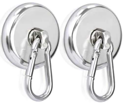 FPMYB Lot de 2 crochets magnétiques extra puissants en néodyme de 42 mm avec mousqueton - 50 kg - Pivotant à 360° - Pour cuisine, camping, garage, bureau
