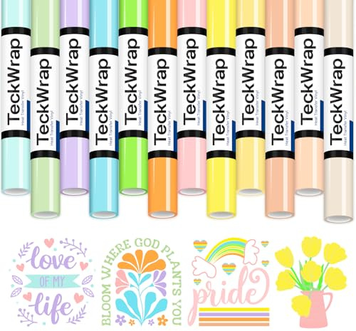 TECKWRAP Heat Transfer Vinyl Roll 12 Colour 12 x 3FT Pastel HTV Vinyl Bundle Boho Colour Iron on Vinyl for T-Shirts, Clothes, Hats, Bags