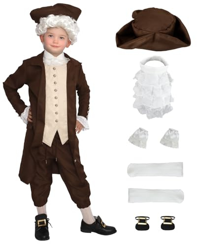 Colonial Costume Boys 18th Century Traditional America Cosplay Costume Performance and Events(Brown/130)