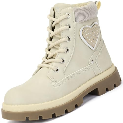 TZJS Stivali da ragazza, Bambini Lace-up Stivali da lavoro Ragazze All'aperto Escursioni Impermeabile Antiscivolo Lato Cerniera Stivali per Bambini Piccoli, beige., 32 EU