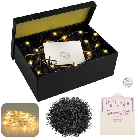 Geschenkbox mit Deckel für Geburtstag Hochzeit Feiertage: TAIHOBO Geschenk Box mit Raffia Grußkarten Licht, 22,5×16×8,5cm Geschenkkarton Klein, Geschenkschachtel für Geschenkverpackung (Schwarz)
