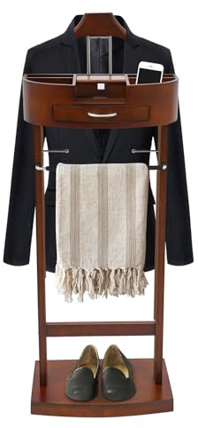 Suit Valet Stands with Drawer & Trouser Holder - Freestanding Wood Suit Rack for Clothes, Hats, Bags | Birch & Iron Bronze, 22 lbs Capacity, Space Saving (Brown)