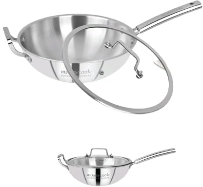 Housetronics Triply Stainless Steel Wok with Lid & Long Handle – 3 Ply Construction with Riveted Handle, Induction & Hob Compatible – Even Heat Distribution, Dishwasher Safe, 30 cm
