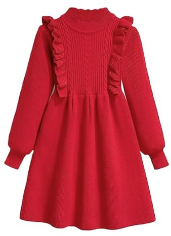 OrJana Vestito in Maglia per Bambina, Lavorato a Coste con Volant, Manica Lunga, Stile Principessa, Taglia 2-8 Anni (IT, età, 4 Anni, 5 Anni, Rosso)