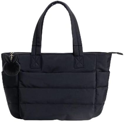 GÜERA - Bolso Tote Acolchado Mujer Grande Impermeable | Ligero y Moderno para Universidad, Viaje, Deporte o Trabajo | Bandolera con Compartimentos y Cremallera | Estilo Casual Elegante (Negro)