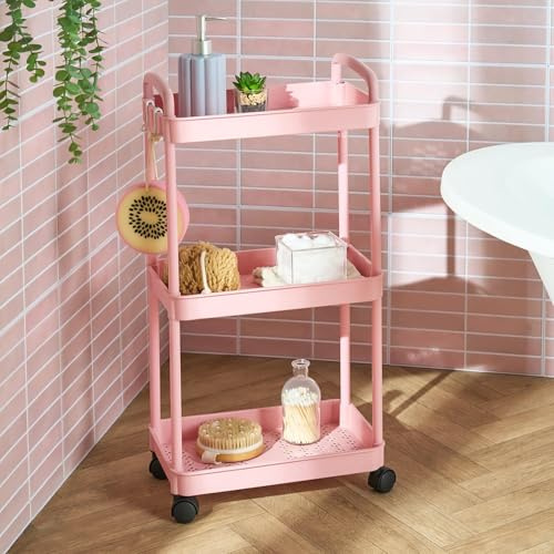 OHS Rolling Storage Cart 3 Tier Plastic Storage Trolley on Wheels Kitchen Trolleys for Book Beauty Organiser Utility Cart for Living Room Bathroom Office, Blush Pink