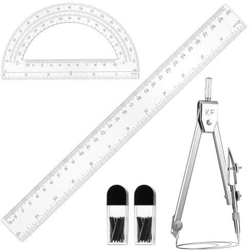 3 Pcs Clear Protractor and Compasses 12 Inch Ruler Set, Geometry Math Transparent Measuring Tools, Transparent Drawing Measuring Rulers for Office Woodworking Art Drawing