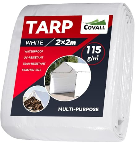 COVALL 2m x 2m White Tarpaulin Waterproof Heavy Duty Tarp, Ground Sheet, Waterproof Covers for Outdoor, UV-resistant, Tear-resistant, Windproof, Multipurpose, Reinforced Eyelets