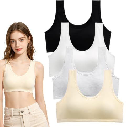 FUSDNW 4 Pack Girls Sports Bra, Cotton Sports Bra with Fixed Bust Pad, U Shape Back Seamless Teen Underwears Bras Daily Crop Top for 14-18 Years
