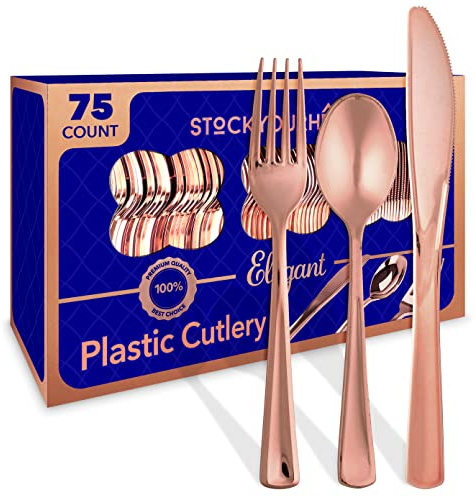 75-Pcs Heavy Duty (Rose Gold) Plastic Silverware Set, Disposable Cutlery Set, Great for Parties, Weddings, and Catering, Flatware Utensils Included: 25 Forks, 25 Spoons, 25 Knives, Packaging May Vary