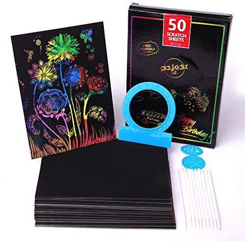 Playkidz Art Scratch It Color Art Sheets, 50 Rainbow Sheets, 10 Stencils and 3 Mandalas, Pictures & Art NO Ink. 8.3 x 5.8