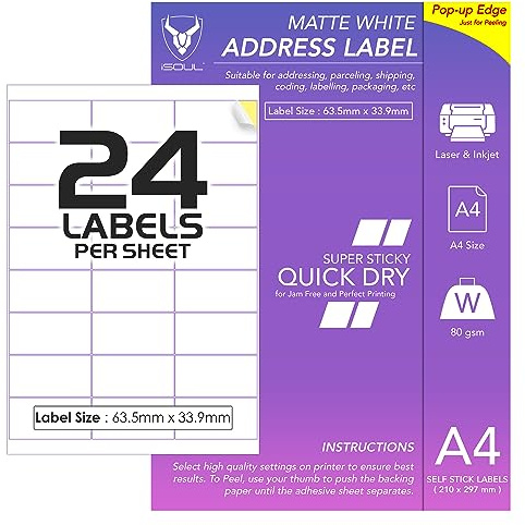 24 Labels Per A4 Sheet, 50 Sheets 1200 Sticky Label, Printable Sticker Paper, iSOUL Matte Self Adhesive Address Mailing, Shipping, Postage, Laser & Inkjet Printer Compatible [Quickdry]