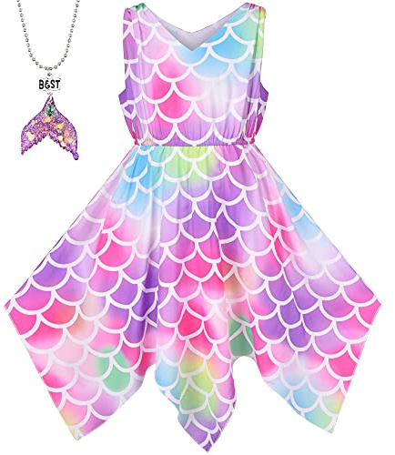 Girls Dress Rainbow Colorful Fish Scale Mermaid Hanky Hem Tail Princess Size 12