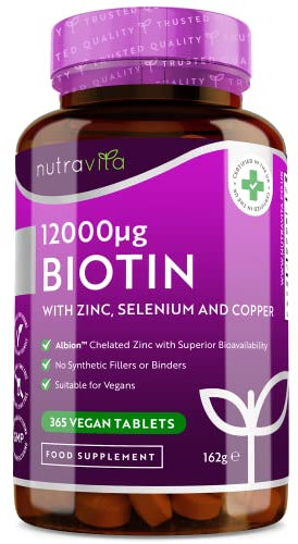 Biotin mit Zink, Selen und Kupfer Hochdosiert – Biotin pro Tablette – 365 Tabletten – Premium Zink von Albion® – Ohne Magnesiumstearate - Vegan - Hergestellt von Nutravita