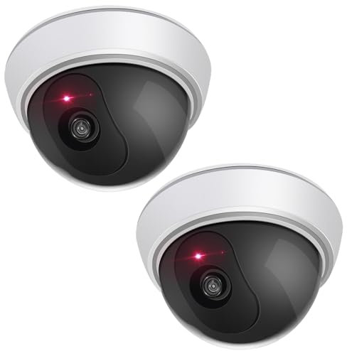 ERWEY Lot de 2 Caméra Factice Extérieur & Intérieur, Fausse Caméra Surveillance Dôme avec Lumière LED Rouge Clignotante & CCTV Autocollants, pour Mur et Plafond (Blanc)