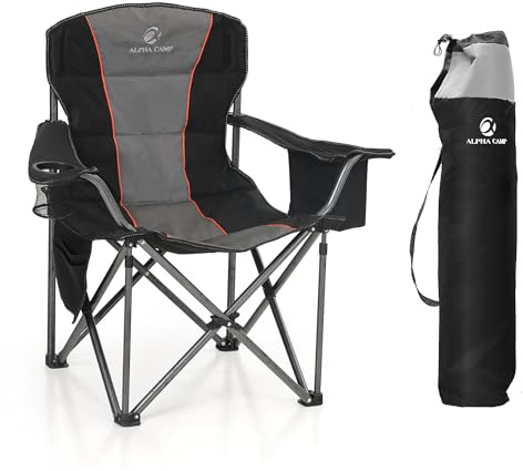 LET'S CAMP Folding Camping Chair for Adults, Folding Camp Chairs Up to 200 kg Oversized Heavy Duty Padded Outdoor Chair Garden Chairs with Cup Holder Storage and Cooler Bag, Black