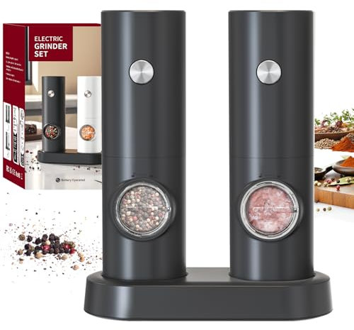 CIRCLE JOY Set Macina Sale e Pepe Elettrico a Batteria Macinaspezie con Base, Luce LED Bianca e Rugosità Regolabile, Nero
