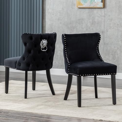 chairus Samt Esszimmerstühle 2er Set Küchenstühle Gepolstert für Wohnzimmer Armlos Polsterstuhl mit Holzbeinen (Schwarz-2)