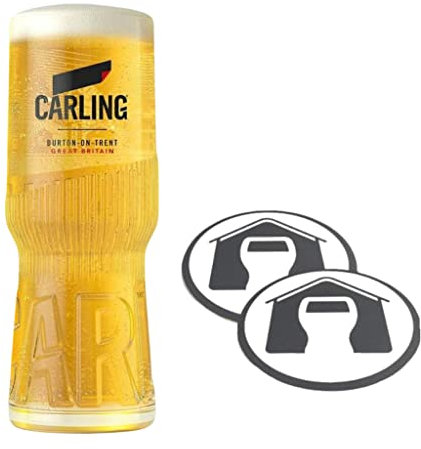 GarageBar Carling Glass | Vaso de cerveza nucleada | Producto oficial | Viene con 2 alfombrillas de goteo de cerveza (1, pinta/20 onzas)