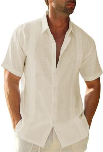 Friptspyg Hommes Chemise Lin Coton Manches Courtes Chemise de Plage Regular Fit Guayabera Camp Cubaine Chemises L'été, Beige M