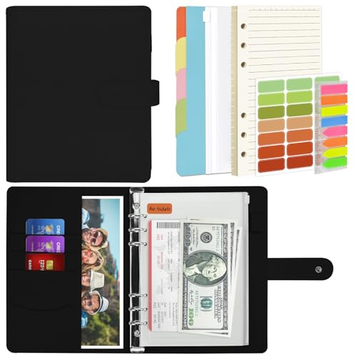 Mlife A5 Notebook Binder Set - 6 Ring PU Leather Planner,5 PCS File Divider,45 Sheets A5 Loose Leaf Paper,Label Stickers,Index Tabs and Clear Cash Envelopes,Personal Organizer Binder (Black)