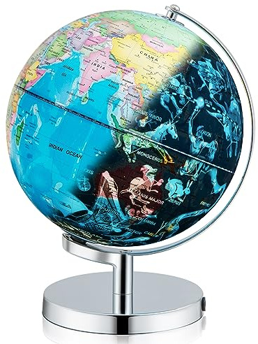 COSTWAY 23 cm ljusglob, världglob, glob, upplyst studentglob med metallbas och ljus, inkl. Engelsk geografisk karta och stjärnbildskarta, pedagogiskt läromaterial för hem, skola, kontor
