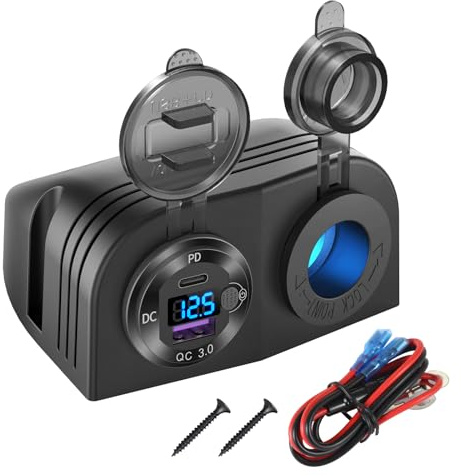 Pannello tipo tenda Presa USB 12V Presa accendisigari illuminata, PD3.0 & QC3.0 Caricatore in alluminio con porta USB da auto con Voltmetro e interruttore a LED, Pannello di alimentazione impermeabile