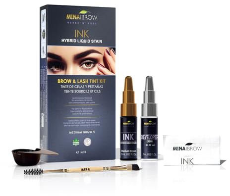MinaiBrow INK Hybrid Liquid Tint for Brow & Lashes Medium Brown |Long Lasting Spot Coloring for Brow & lash |Instant Brow Hair Dye Tint Kit | 100% Gray Coverage - up to 14 Applications - 14ml