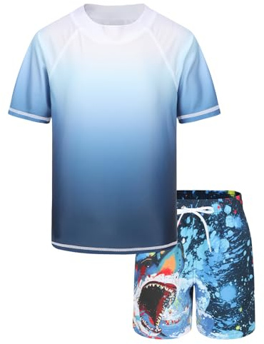 Boys Swim Set Two Pieces Rashguard Swimsuit Short Sleeve Swimming Costume Age 13-14 Years
