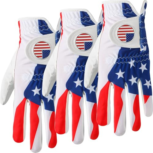 GKandi Golf Gloves Men Right Hand Left with Ball Marker USA Flag Blue Camo Plaid 3 Pack, Mens Golf Glove All Weather Grip Small Medium ML Large XL (USA Flag-Worn on Left Hand, L)