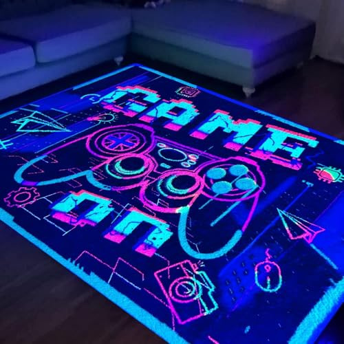 HOLAVIDA Neon Gaming Area Rug, 3D Blacklight UV Reactive Game Controller Carpet, Non-Slip Fluorescent Luminous Floor Mat, Glow in The Dark Play Mat for Game Room Playroom Decor, 180x120cm