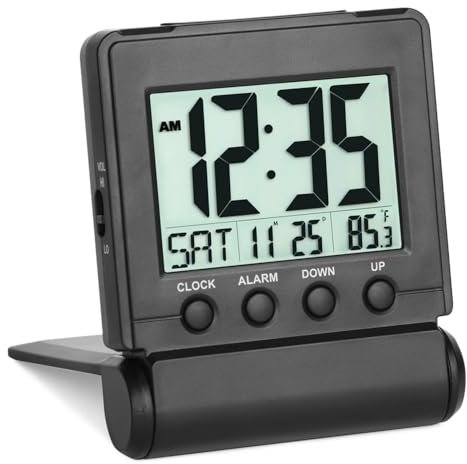 FAMICOZY Small Folding Digital Travel Alarm Clock with Day/Month/Date/Indoor Temperature,Easy to Read and Set,High/Low Alarm Volume,9 Min Snooze,Backlight on Demand,Bedside Calendar Alarm Clock,Black