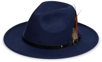 Nicky Adams Countrywear Men's and Ladies' Fedora Hat - Wide Brim Wool Felt Fedora with Adjustable Band and Removable Feather, One Size Fits All - Cowboy Country Style, Showerproof Navy Blue
