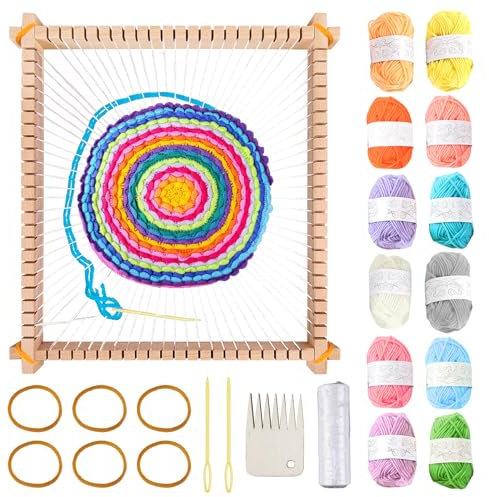 BORDEAG Holz Webrahmen, Schulwebrahmen Großes 28x25cm Holzwebstuhl Webrahmenset Webrahmen Mit Garn Holz-Webrahmen Quadratisch Webstuhl Für Anfänger Zum Weben Und Gestalten
