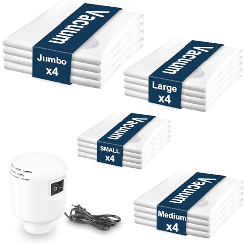 BQSS Sacchetti Sottovuoto Vestiti con Pompa Elettrica, 16 Pezzi (4Jumbo/4 grande/4 medi/4 piccoli), Sacchi Sottovuoto Piumoni per Copriletti, Materassi, Coperte, Cuscini, Viaggi